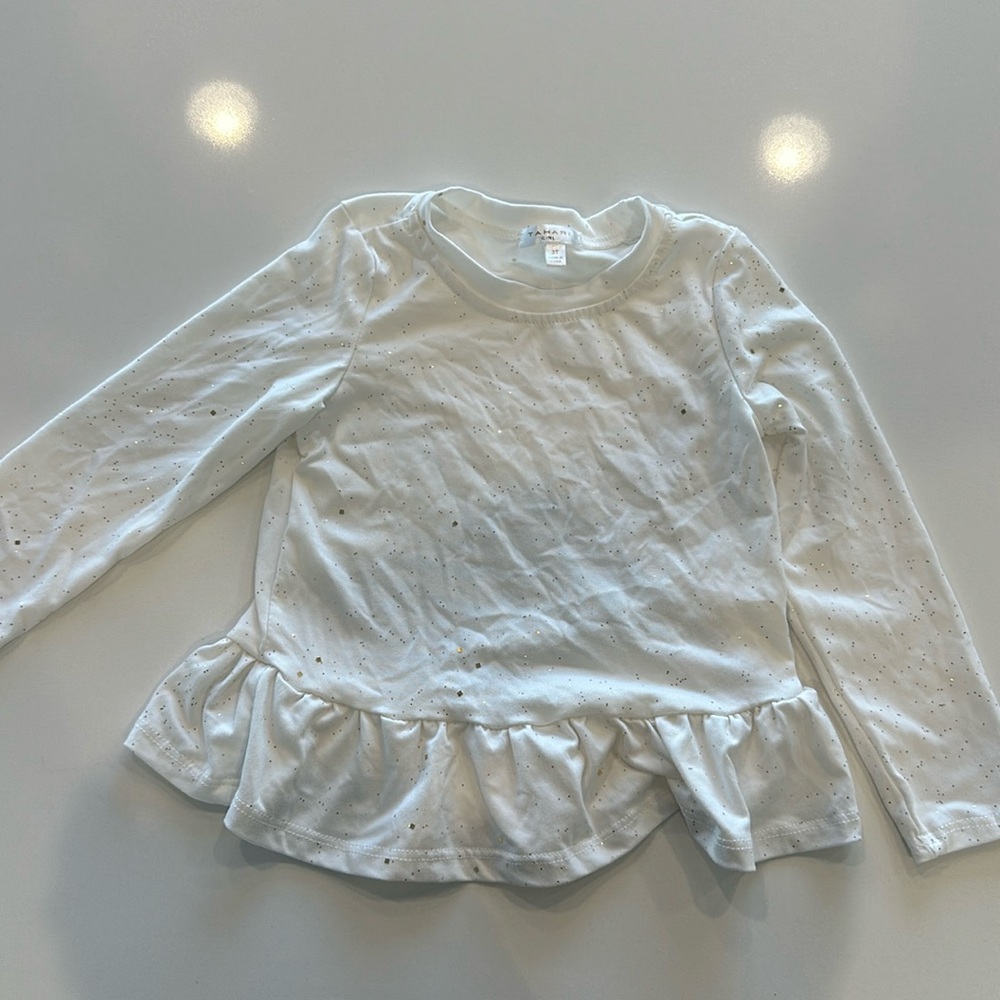 White long sleeve gold speckled ruffle shirt